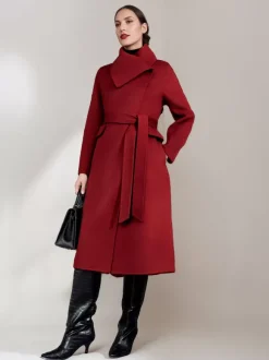 Manteau en mélange de laine et de cachemire pour femme vêtement d'extérieur d'hiver à double face avec ceinture rouge 2026
