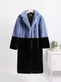 Manteau Fausse Fourrure Mi-long Femme avec Manches Longues à Col Revers Bicolores Manteau Femme
