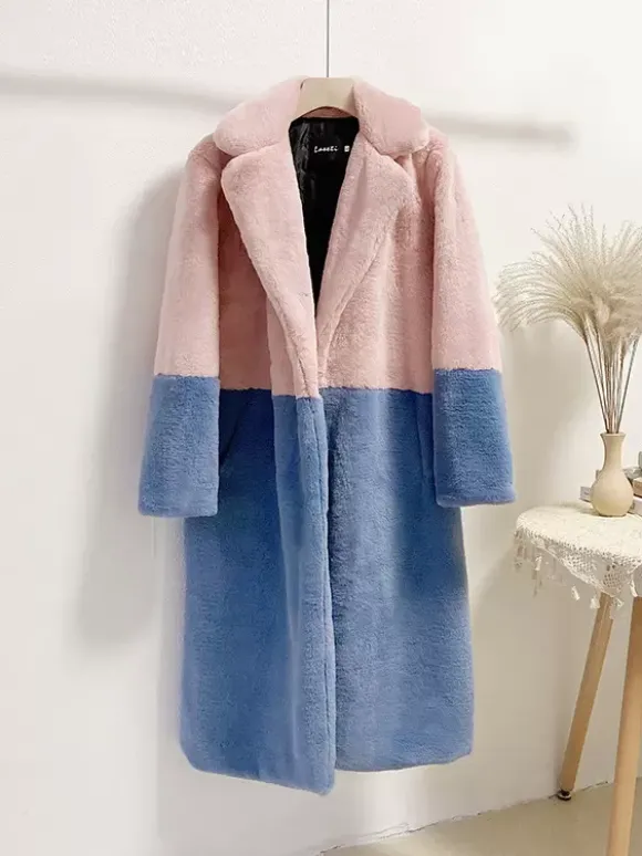 Manteau Fausse Fourrure Mi-long Femme avec Manches Longues à Col Revers Bicolores Manteau Femme