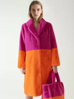 Manteau Fausse Fourrure Mi-long Femme avec Manches Longues à Col Revers Bicolores Manteau Femme
