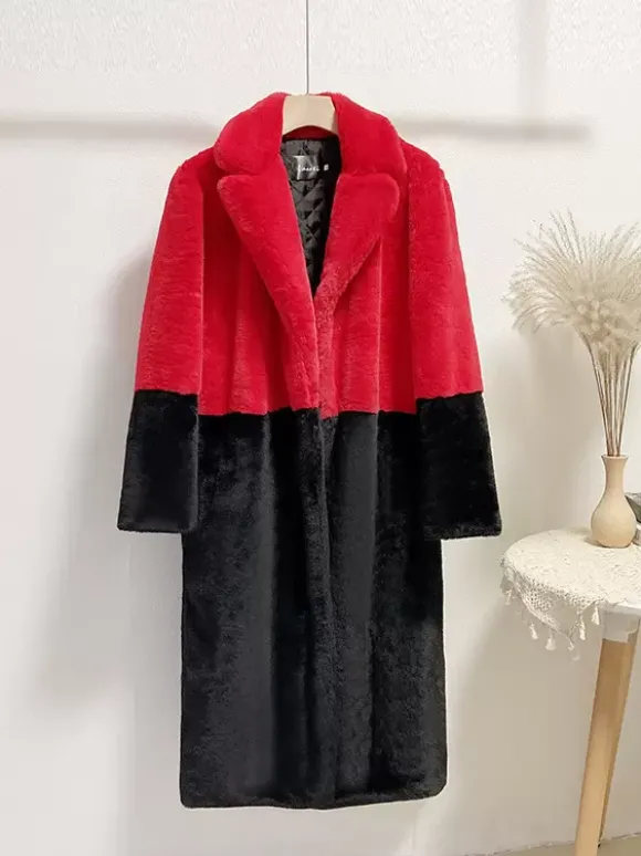 Manteau Fausse Fourrure Mi-long Femme avec Manches Longues à Col Revers Bicolores Manteau Femme
