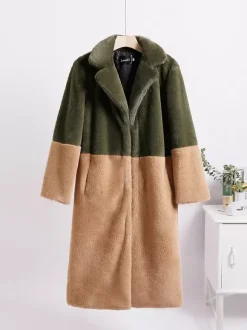 Manteau Fausse Fourrure Mi-long Femme avec Manches Longues à Col Revers Bicolores Manteau Femme