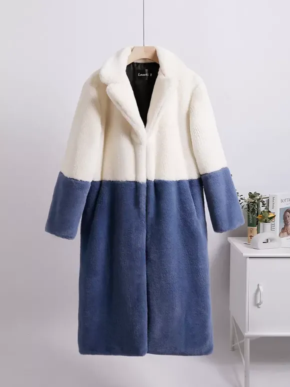 Manteau Fausse Fourrure Mi-long Femme avec Manches Longues à Col Revers Bicolores Manteau Femme