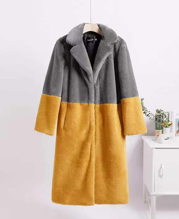 Manteau Fausse Fourrure Mi-long Femme avec Manches Longues à Col Revers Bicolores Manteau Femme