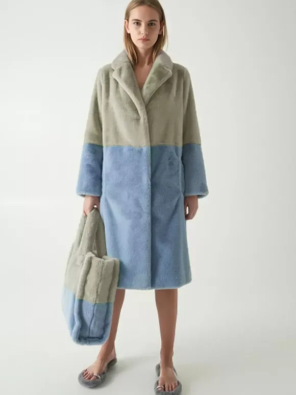 Manteau Fausse Fourrure Mi-long Femme avec Manches Longues à Col Revers Bicolores Manteau Femme