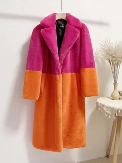 Manteau Fausse Fourrure Mi-long Femme avec Manches Longues à Col Revers Bicolores Manteau Femme
