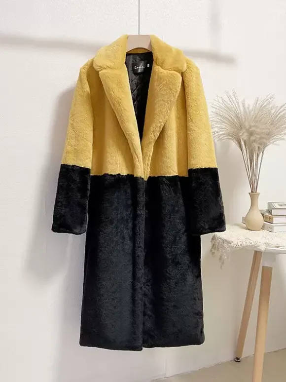 Manteau Fausse Fourrure Mi-long Femme avec Manches Longues à Col Revers Bicolores Manteau Femme