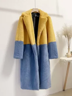 Manteau Fausse Fourrure Mi-long Femme avec Manches Longues à Col Revers Bicolores Manteau Femme