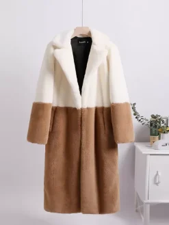 Manteau Fausse Fourrure Mi-long Femme avec Manches Longues à Col Revers Bicolores Manteau Femme