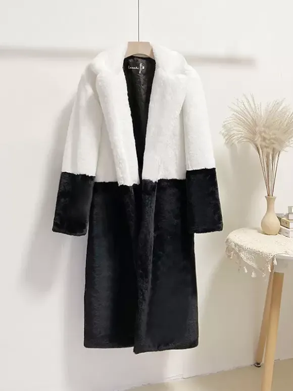 Manteau Fausse Fourrure Mi-long Femme avec Manches Longues à Col Revers Bicolores Manteau Femme