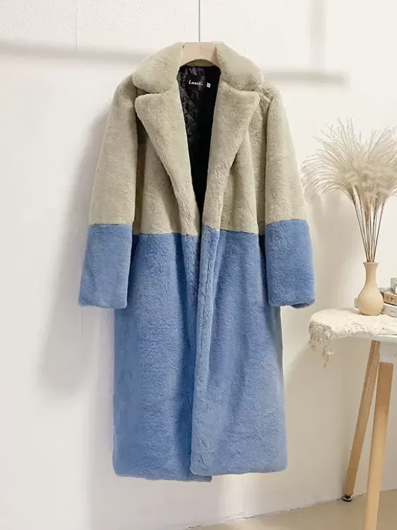 Manteau Fausse Fourrure Mi-long Femme avec Manches Longues à Col Revers Bicolores Manteau Femme