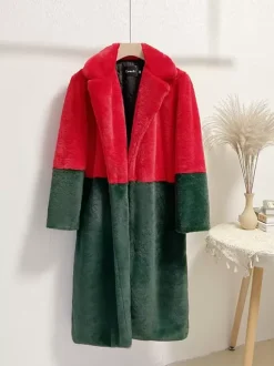 Manteau Fausse Fourrure Mi-long Femme avec Manches Longues à Col Revers Bicolores Manteau Femme
