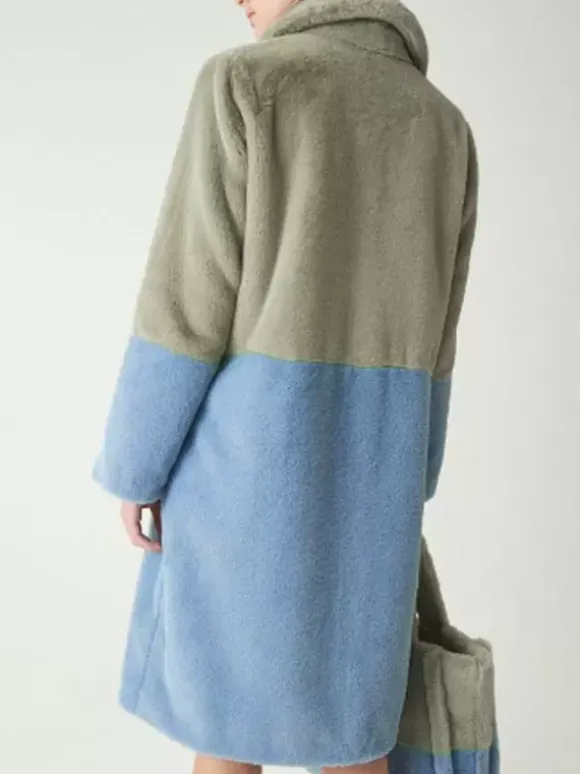 Manteau Fausse Fourrure Mi-long Femme avec Manches Longues à Col Revers Bicolores Manteau Femme