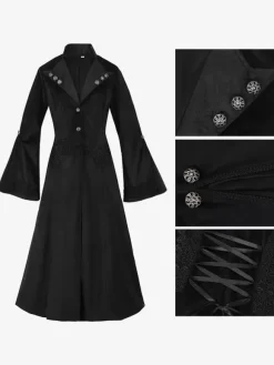 Manteau gothique noir mi-long pour femme trench-coat slim col montant foncé smoking de palais mode automne et hiver