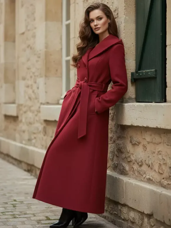 Manteau long à capuche en laine mélangée coupe croisée pour femme 2026
