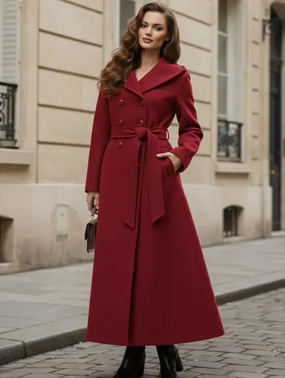 Manteau long à capuche en laine mélangée coupe croisée pour femme 2026