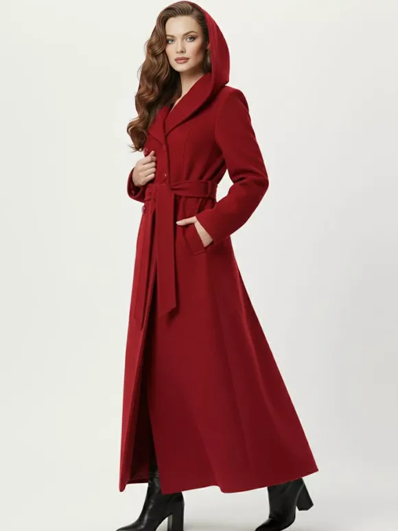 Manteau long à capuche en laine mélangée coupe croisée pour femme 2026