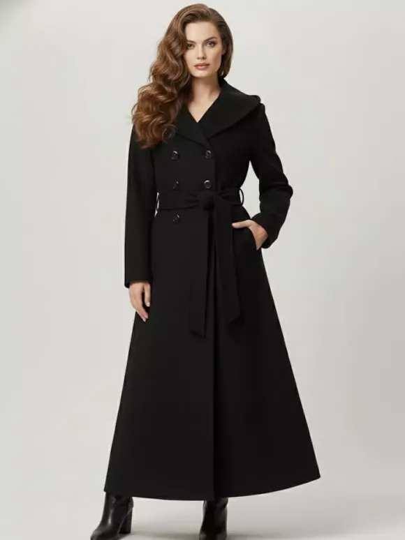Manteau long à capuche en laine mélangée coupe croisée pour femme 2026