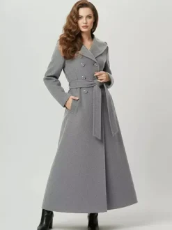 Manteau long à capuche en laine mélangée coupe croisée pour femme 2026
