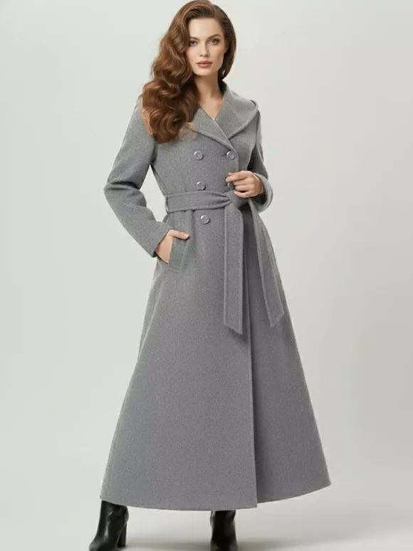 Manteau long à capuche en laine mélangée coupe croisée pour femme 2026