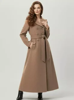 Manteau long à capuche en laine mélangée coupe croisée pour femme 2026