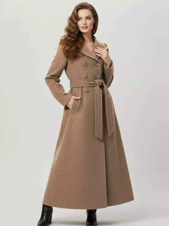 Manteau long à capuche en laine mélangée coupe croisée pour femme 2026