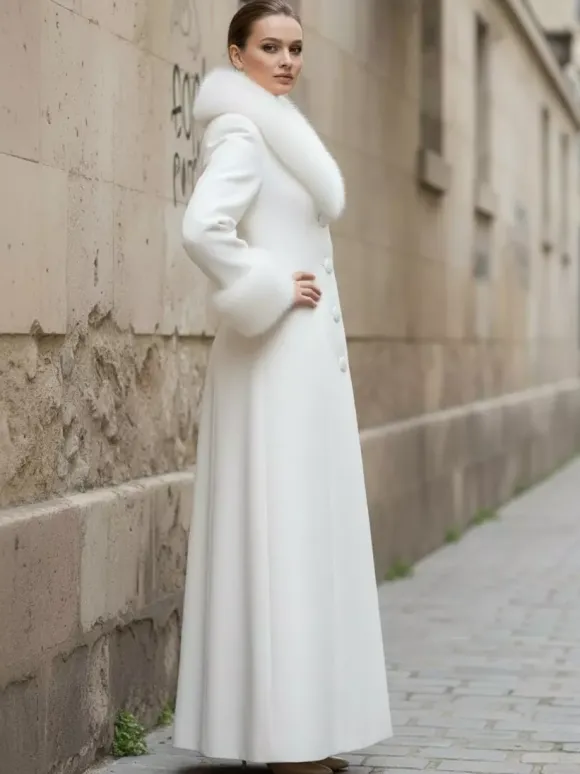 Manteau long blanc en laine avec col et poignets en fausse fourrure pour femme 2026