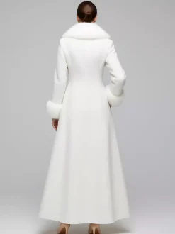 Manteau long blanc en laine avec col et poignets en fausse fourrure pour femme 2026