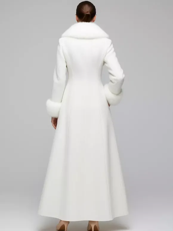 Manteau long blanc en laine avec col et poignets en fausse fourrure pour femme 2026