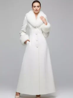 Manteau long blanc en laine avec col et poignets en fausse fourrure pour femme 2026