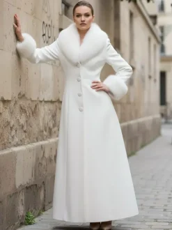 Manteau long blanc en laine avec col et poignets en fausse fourrure pour femme 2026