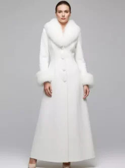 Manteau long blanc en laine avec col et poignets en fausse fourrure pour femme 2026