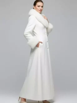 Manteau long blanc en laine avec col et poignets en fausse fourrure pour femme 2026