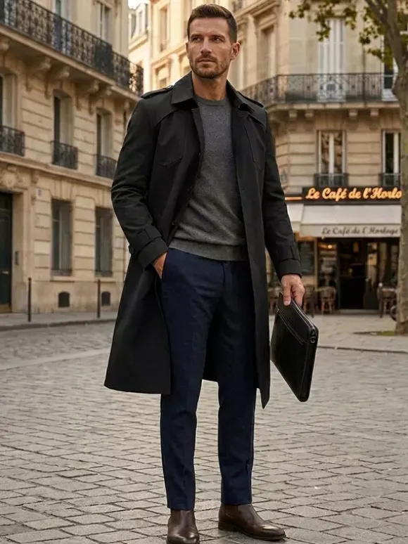 Manteau Long Costume Pour Hommes Col Rabattu Confortable Bleu Foncé Beau