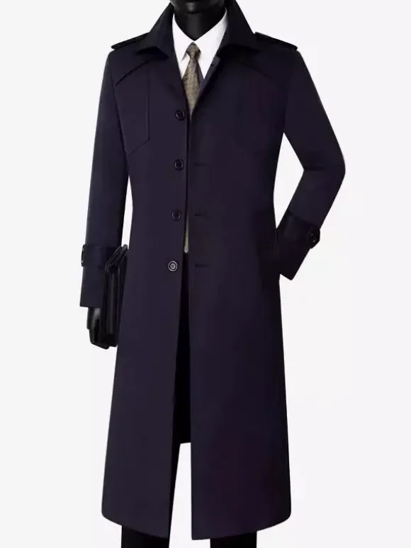 Manteau Long Costume Pour Hommes Col Rabattu Confortable Bleu Foncé Beau