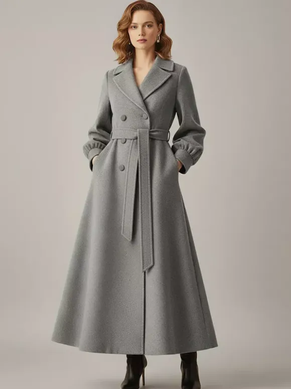 Manteau long croisé en laine avec ceinture et manches bouffantes pour femme 2026