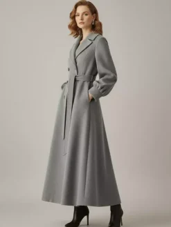 Manteau long croisé en laine avec ceinture et manches bouffantes pour femme 2026