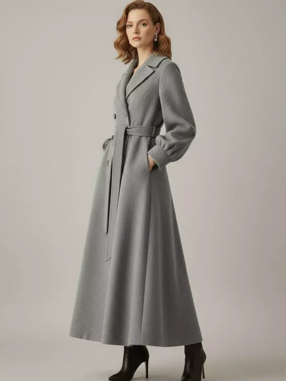 Manteau long croisé en laine avec ceinture et manches bouffantes pour femme 2026