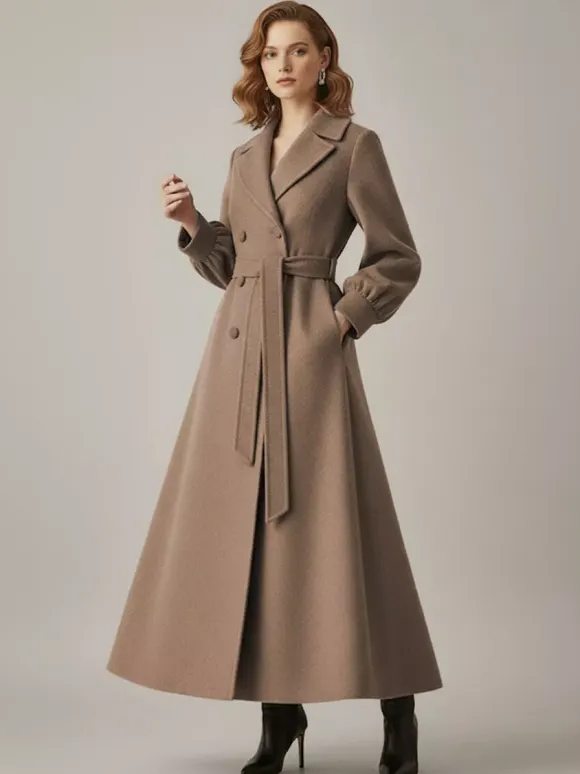 Manteau long croisé en laine avec ceinture et manches bouffantes pour femme 2026
