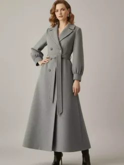 Manteau long croisé en laine avec ceinture et manches bouffantes pour femme 2026