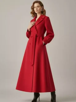 Manteau long croisé en laine avec ceinture et manches bouffantes pour femme 2026