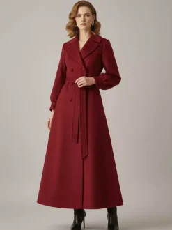 Manteau long croisé en laine avec ceinture et manches bouffantes pour femme 2026