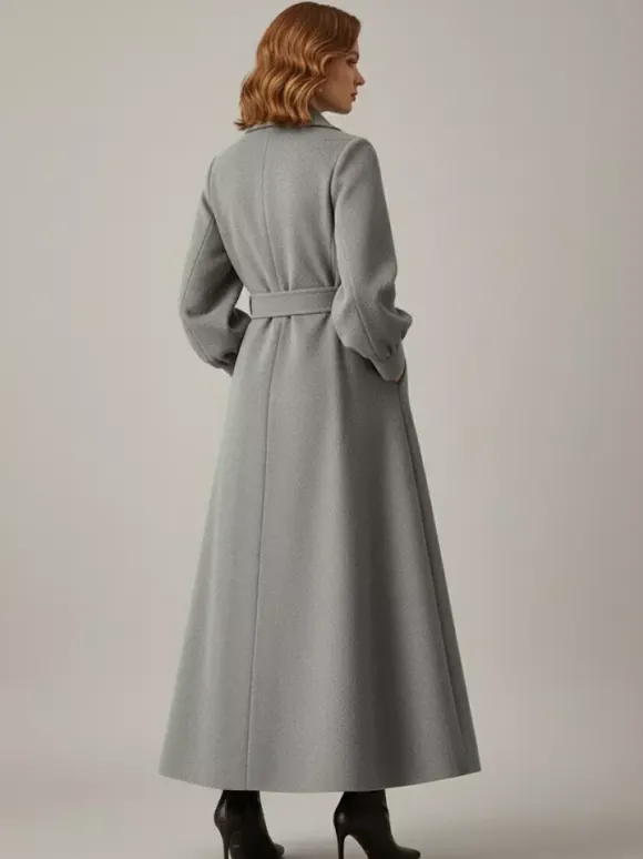 Manteau long croisé en laine avec ceinture et manches bouffantes pour femme 2026