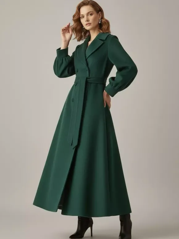 Manteau long croisé en laine avec ceinture et manches bouffantes pour femme 2026