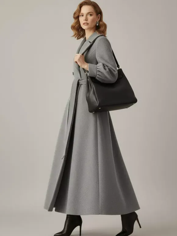 Manteau long croisé en laine avec ceinture et manches bouffantes pour femme 2026