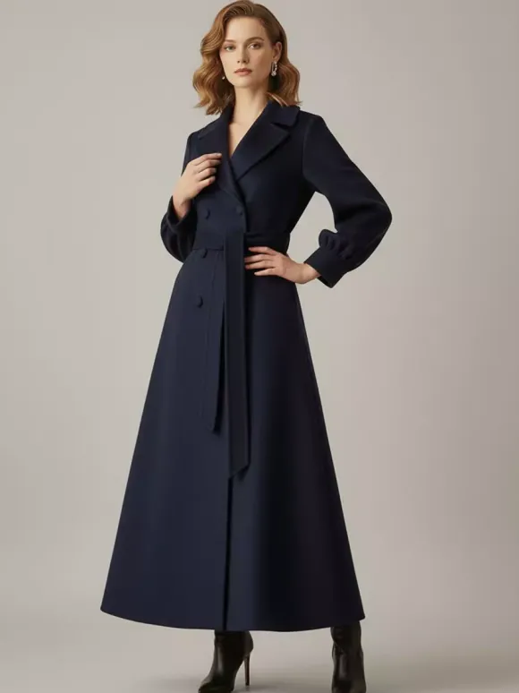 Manteau long croisé en laine avec ceinture et manches bouffantes pour femme 2026