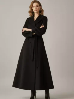 Manteau long croisé en laine avec ceinture et manches bouffantes pour femme 2026