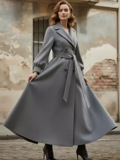 Manteau long croisé en laine avec ceinture et manches bouffantes pour femme 2026