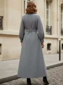 Manteau long croisé en laine avec ceinture et manches bouffantes pour femme 2026