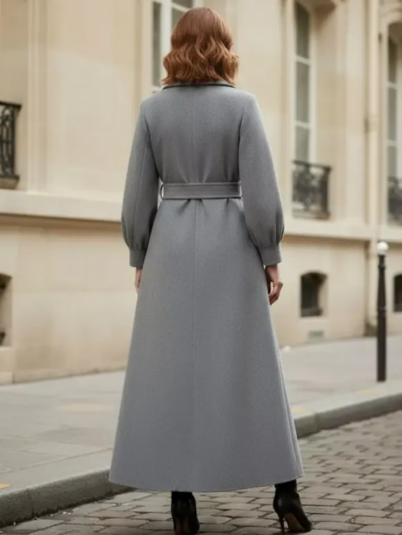 Manteau long croisé en laine avec ceinture et manches bouffantes pour femme 2026